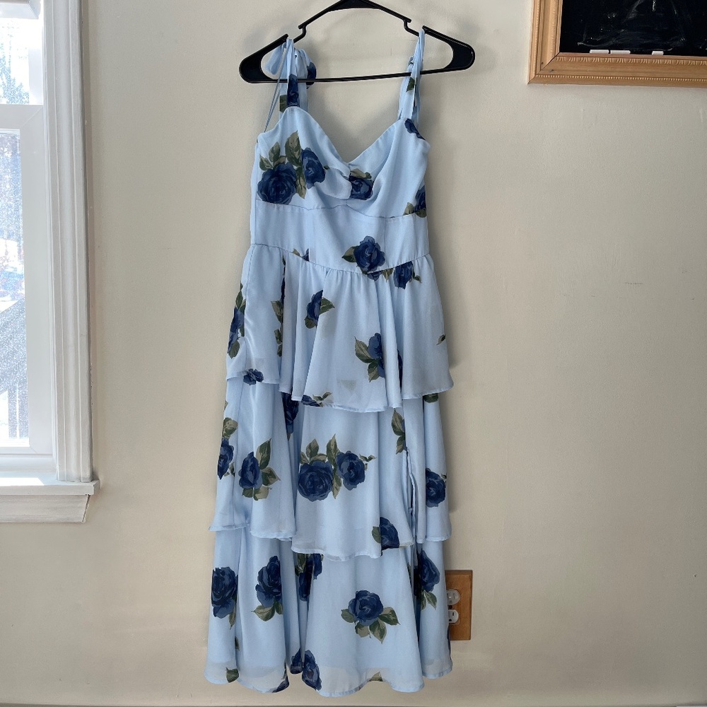 Blue Floral Ruffle Dress